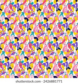 Colorful Party Faces Seamless Pattern. Vibrant Cartoon Collage in Pop Art Style. Diverse Faces in Bold Colors for Festive Backgrounds and Social Events. Vector illustration, flat style design