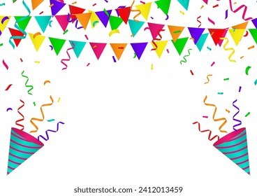 Colorful Party Flag with Confetti. Party Background for Party, Birthday, Celebration or Anniversary. Vector Illustration on White Background. 