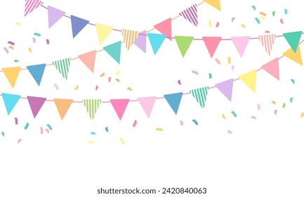 Colorful party flag and confetti illustration, Carnival card or banner with typography design, Celebrate pastel flag, Concept of birthday, holiday and decoration.