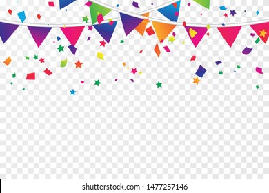 Colorful Party Flag And Confetti On Transparent Background. Celebration & Party. Vector Illustration