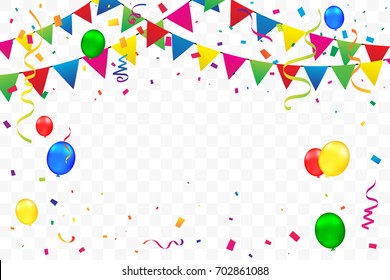 Colorful Party Flags With Balloon And Confetti Falling On Transparent Background. Birthday & Celebration Event. Multicolored. Vector