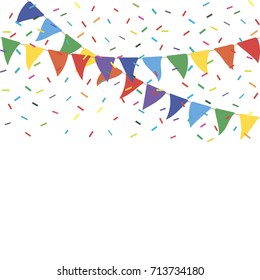 Colorful party flags with confetti. Celebrate flags. Party background with flags and confetti