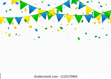 Colorful Party Flags With Confetti Falling On Transparent Background. Celebration Event & Birthday. Brazil Concept. Multicolored. Vector