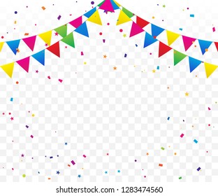 Colorful Party Flags With Confetti Falling On Transparent Background. Celebration Event & Happy Birthday. Multicolored. Vector