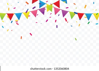 Colorful Party Flags With Confetti Falling On Transparent Background. Celebration Event & Birthday. Multicolored. Vector