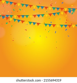Colorful Party Flags With Confetti Falling On orange gradient Background. Celebration Event Birthday. Multicolored. Vector. Celebrate banner. Party flags with confetti. Vector illustration