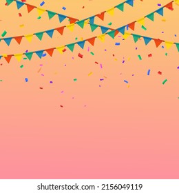 Banderas de partido coloridas con confetti cayendo sobre fondo naranja y rosa. Cumpleaños de la celebración. Multicolorizado. Vector. Celebremos la pancarta. Banderas de fiesta. Ilustración del vector