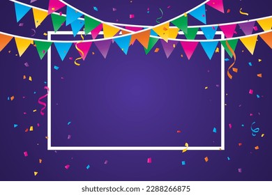 Banderas De Partido Coloridas Con Caída De Confetti Y Fondo De Marco. Evento De Celebración Y Fiesta De Cumpleaños. Sorpresa. Multicolorizado. Ilustración vectorial