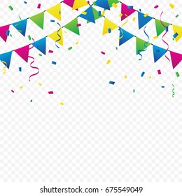Colorful Party Flags And Confetti Falling On Transparent Background. Celebration & Birthday. Vector Illustration