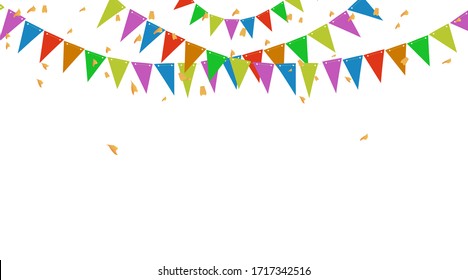 Colorful Party Flags And Confetti. Holiday Festival Design for Greeting Card, Invitation or Poster. Celebration & Party.Surprise Banner. Festa Junina Brazil. Stock vector Illustration on isolated bg. 