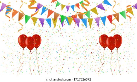 Colorful Party Flags And Confetti. Holiday Festival Design for Greeting Card, Invitation or Poster.  Stock vector Illustration 