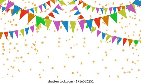 Colorful Party Flags And Confetti. Holiday Festival Design for Greeting Card, Invitation or Poster. Celebration, Party.Surprise Banner. Festa Junina Brazil. Stock vector Illustration on isolated bg. 