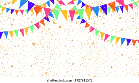 Colorful Party Flags And Confetti. Holiday Festival Design For Greeting Card, Invitation Or Poster. Celebration And Party.Surprise Banner. Festa Junina Brazil. Stock Vector Illustration On Isolated Bg