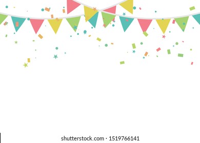 Colorful Party Flags And Confetti On White Background. Celebration & Party. Surprise Banner. festa junina brazil. Vector Illustration