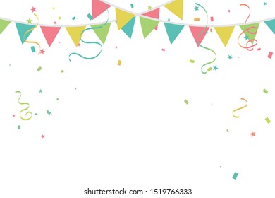 Colorful Party Flags And Confetti On White Background. Celebration & Party. Surprise Banner. festa junina brazil. Vector Illustration