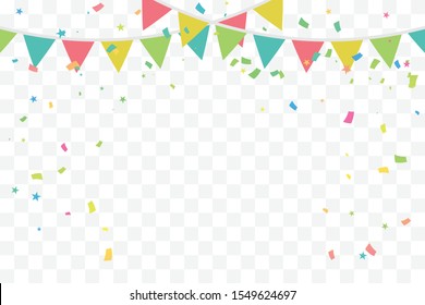 Colorful Party Flags And Confetti On White Background. Celebration & Party. Surprise Banner. festa junina brazil. Vector Illustration