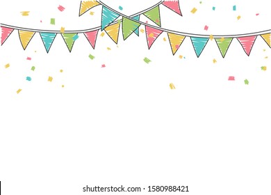 Colorful Party Flags And Confetti On White Background. Celebration & Party. Surprise Banner. Vector Illustration