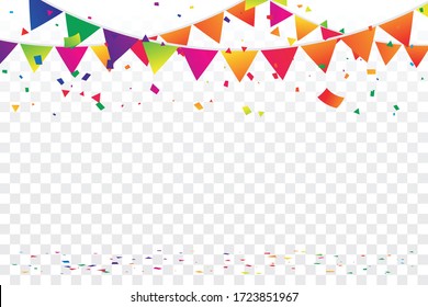 Colorful Party Flags And Confetti On Background. Celebration & Party. Surprise Banner. festa junina brazil. Vector Illustration