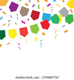Colorful Party Flags And Confetti On White Background. vector illustration