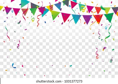 Colorful Party Flags With Confetti And Ribbons Falling On Transparent Background. Celebration Event & Happy Birthday. Multicolored. Vector