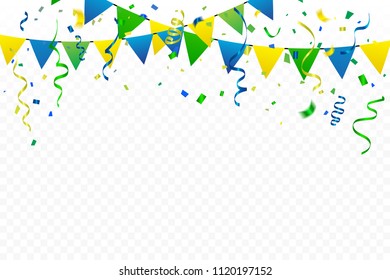 Colorful Party Flags With Confetti And Ribbons Falling On Transparent Background. Celebration Event & Birthday. Brazil Concept. Multicolored. Vector