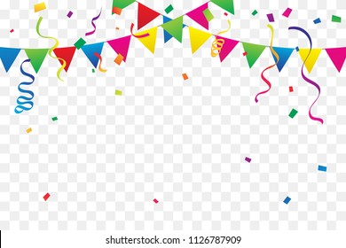 Colorful Party Flags With Confetti And Ribbons Falling On Transparent Background. Celebration Event & Happy Birthday. Multicolored. Vector