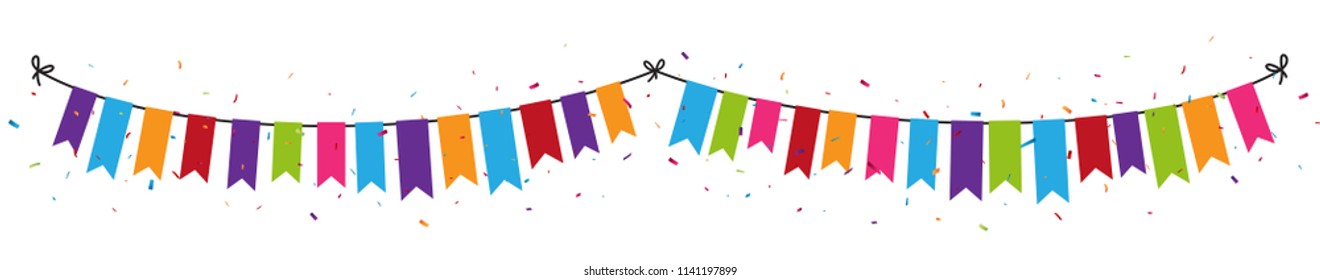 Colorful Party Flags With Confetti And Ribbons On White Background. Celebration and Birthday Design