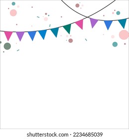 Colorful Party Flags With Confetti And Ribbons Falling on white background. Celebration Event and Happy Birthday. Multicolored. Vector.