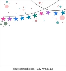 Colorful Party Flags With Confetti And Ribbons Falling on transparent background. Celebration Event and Happy Birthday. Multicolored. Vector star shape.