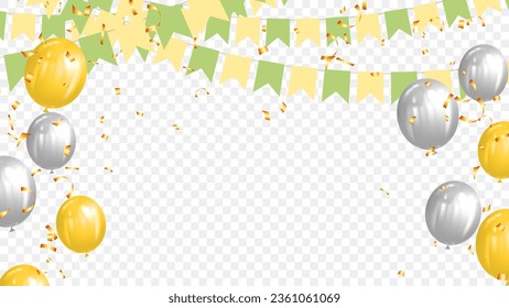 farbenfrohe Partyflaggen mit Konfetti, Bändern und Ballon, die auf transparentem Hintergrund zum Feiern und Geburtstag fallen. Brasilien Konzept Vektor. Element