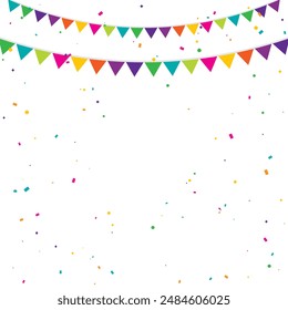 Colorful Party Flags With Confetti And Ribbons Falling On White Background. Celebration Event. Happy Birthday. Multicolored. Vector