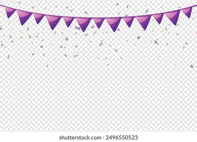 Colorful Party Flags With Confetti And Ribbons Falling On Transparent Background. Celebration Event , Birthday. Canival Concept. Multicolored. Vector, Celebration Event , Birthday. Multicolored Vector