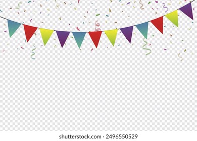 Colorful Party Flags With Confetti And Ribbons Falling On Transparent Background. Celebration Event , Birthday. Canival Concept. Multicolored. Vector, Celebration Event , Birthday. Multicolored Vector