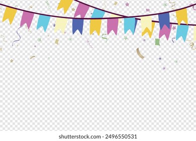 Colorful Party Flags With Confetti And Ribbons Falling On Transparent Background. Celebration Event , Birthday. Canival Concept. Multicolored. Vector, Celebration Event , Birthday. Multicolored Vector