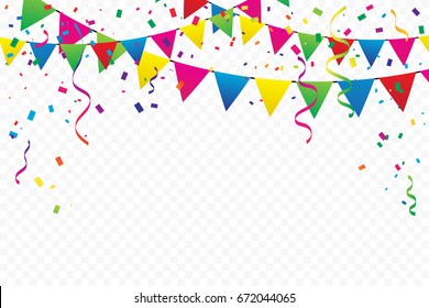 Colorful Party Flags With Confetti And Ribbons Falling On Transparent Background. Celebration Event & Birthday. Multicolored. Vector