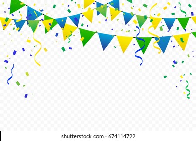 Colorful Party Flags With Confetti And Ribbons Falling On Transparent Background. Celebration Event & Birthday. Brazil Concept. Multicolored. Vector