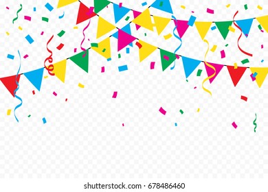 Colorful Party Flags With Confetti And Ribbons Falling On Transparent Background. Celebration Event & Birthday Concept Design. Multicolored. Vector