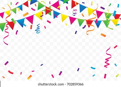 Colorful Party Flags With Confetti And Ribbons Falling On Transparent Background. Celebration Event & Birthday. Multicolored. Vector