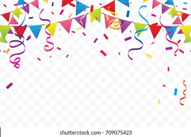 Colorful Party Flags With Confetti And Ribbons Falling On Transparent Background. Celebration Event & Happy Birthday. Multicolored. Vector