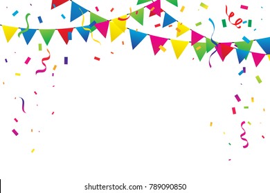 Colorful Party Flags With Confetti And Ribbons Falling On White Background. Celebration Event & Happy Birthday. Multicolored. Vector