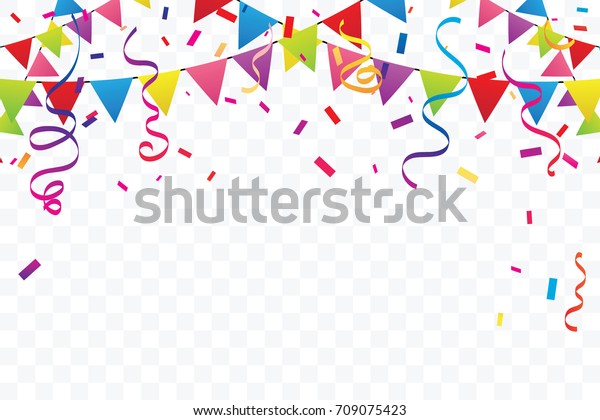 Colorful Party Flags With Confetti And Ribbons\
Falling On Transparent Background. Celebration Event & Happy\
Birthday. Multicolored.\
Vector
