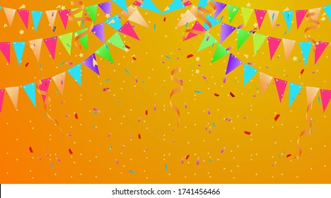 Colorful Party Flags, Confetti, stars and ribbons. Holiday Festival Design for Greeting Card, Invitation or Poster. Celebration & Party. Festa Junina Brazil. Stock vector Illustration on isolated bg. 