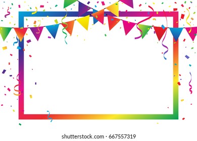 Colorful Party Flags With Frame And Confetti Falling On White Background. Birthday & Celebration Event. Multicolored. Vector