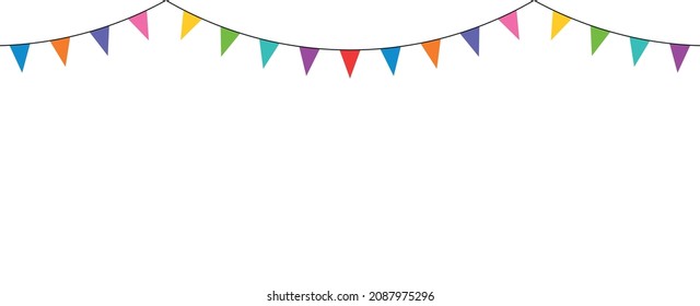 Colorful party flags. Garland with flags. Decorative colorful party pennants for birthday celebration, festival and fair decoration. Holiday background with hanging flags. Seamless rainbow garland.