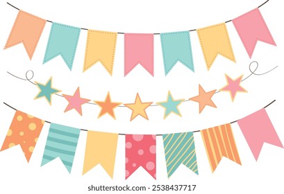 Colorful Party Flags, Garlands Vector, Festive Decorations for Celebrations and Events