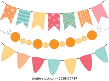 Colorful Party Flags, Garlands Vector, Festive Decorations for Celebrations and Events
