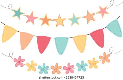 Colorful Party Flags, Garlands Vector, Festive Decorations for Celebrations and Events