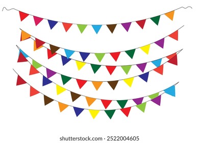  Colorful Party Flags on White Background. Carnival decorations. Holiday background with hanging triangular colorful flags, Vector illustration isolated.