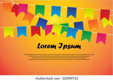 Colorful party flags with space for filling words or name. Orange background.