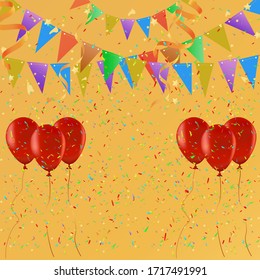 Colorful Party flags,confetti,ballon. Holiday Festival Design for Greeting Card, Invitation or Poster. Celebration & Party.Square format. Festa Junina Brazil.Vector Illustration on gold isolated bg. 